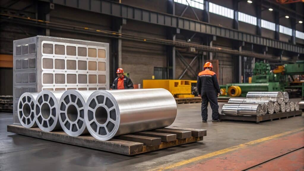 An infographic that shows different sectors (Transportation, Construction, Packaging, Electrical) with icons, and within each sector, icons of products made from aluminum.